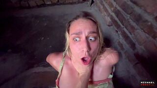 A beautiful slut was fucked hard on the stairs, her face covered in cum