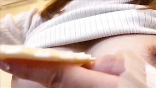 A Japanese woman has a huge squirt solo, showcasing her skills in nipple play and masturbation