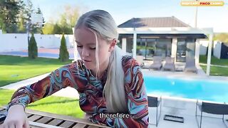 A hot blond girl is fucking in the car