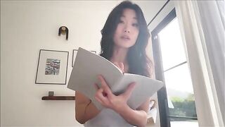 Asian step sister shares a bed with her nerdy friend during a study break