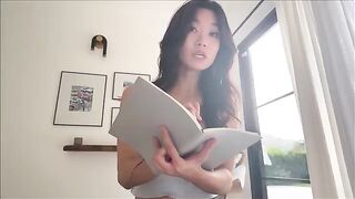 Asian step sister shares a bed with her nerdy friend during a study break
