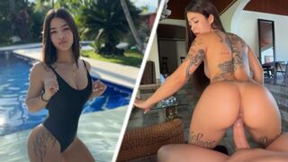 Girl sits on the bottom of the pool, her neighbor surprised her