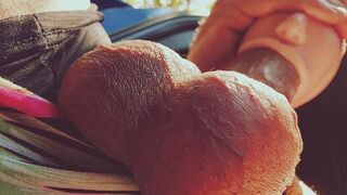 A girl with a silicone mouth works outdoors and sucks cock passionately
