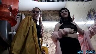 The plumber gets a hard cock from two cute babes at home