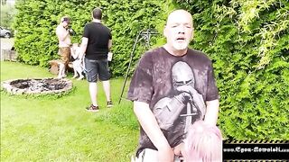 A hot girl acts as a voyeur and gets her pussy fucked outdoors
