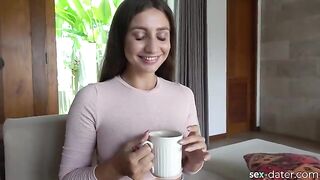 A hot brunette comes for tea and gets fucked hard!