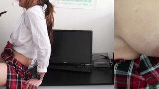 Schoolgirl masturbating in her uniform gets caught by the teacher