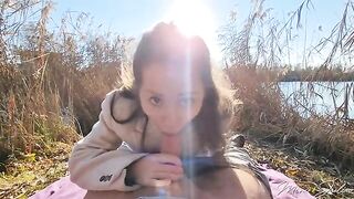 Petite woman Mini Julia has sex with a stranger near the lake