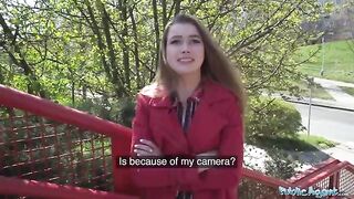 Nervous brunette gets fucked through the gloryhole for cash