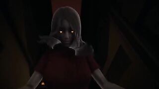 Red eyes Alma in cowgirl pose, inspiring fear and intense eye contact in POV