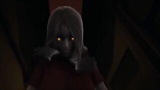 Red eyes Alma in cowgirl pose, inspiring fear and intense eye contact in POV